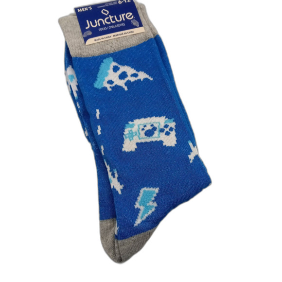 Retro Video Game Socks Controller Pizza Asteroids Space Ships Blue Men Shoe 6-12 - Picture 1 of 3